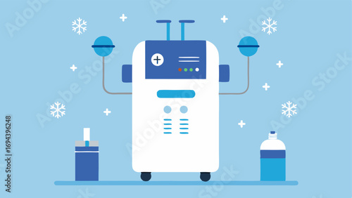 Equipment Setup A vector image of a cryotherapy machine with different settings and attachments indicating its versatility in facial treatments.