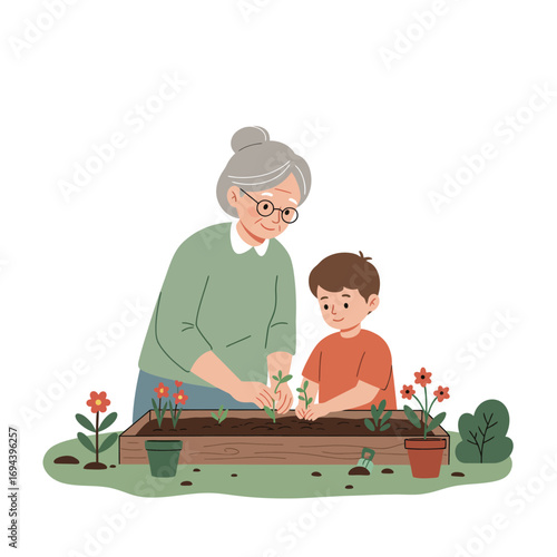 Grandmother and Grandchild Planting Flowers Together.