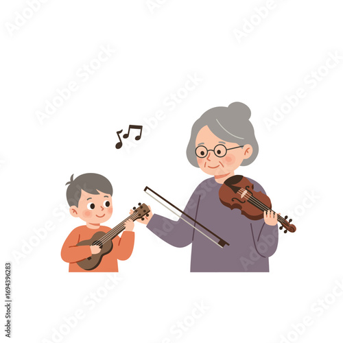 Grandmother Teaching Grandson Music.