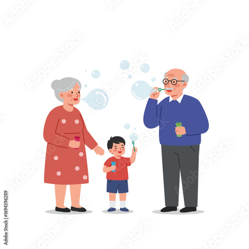 Grandparents and Grandchild Playing with Bubbles.