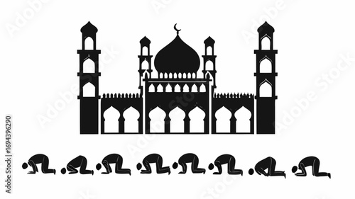 Silhouette of mosque with crescent moon and people praying in various positions in black and white style | editable eps vectors