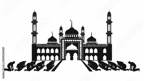 Silhouette of a mosque with minarets and domes and people prostrating in prayer in a monochrome illustration | editable eps vectors