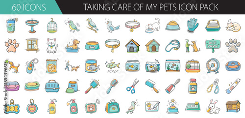 Pet care accessories and animals icon pack - Set of 60 colorful vector icons themed around pet care, featuring animals, food, grooming tools, toys, habitats, health, and accessories.