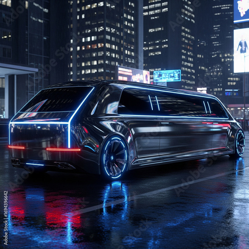 Sleek futuristic limousine illuminated by neon lights parked on a wet city street at night, reflecting the vibrant urban energy and modern luxury transportation