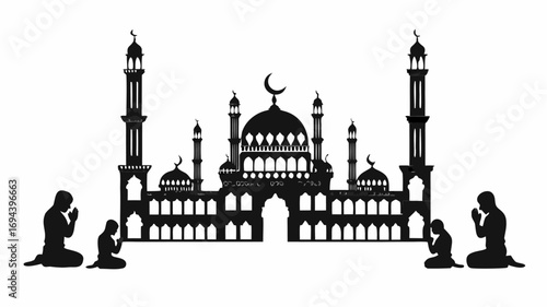 Silhouette of a mosque with crescent moon and people praying in black and white illustration style art | editable eps vectors
