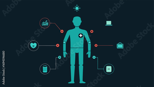 Anatomical Chart A simplified human body diagram with highlighted and small icons indicating various biometric sensors like a smarch.