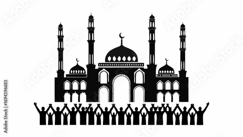 Black silhouette of a mosque with minarets and domes with a crowd of people raising their hands up high | editable eps vectors