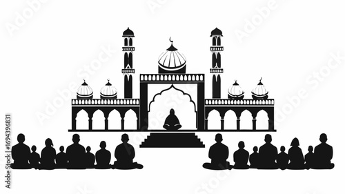 Silhouette of a mosque with domes and minarets and people sitting in rows in front of the building | editable eps vectors