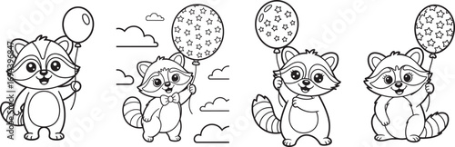 Four cartoon raccoons holding balloons and clouds illustration animal drawing
