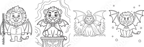 Four cartoon lions dressed as vampires with bat wings costume