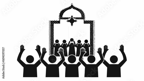 Silhouette figures with raised hands in front of a decorated archway and smaller figures behind them | editable eps vectors