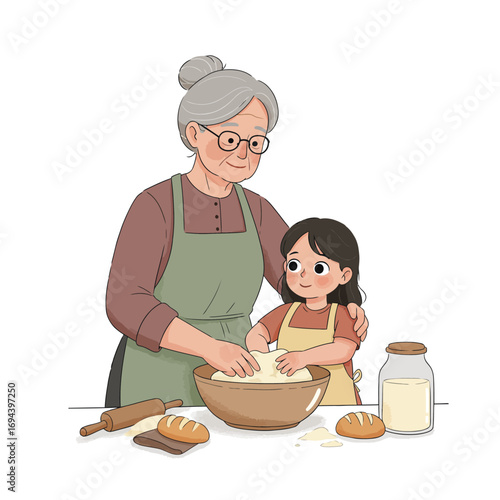 Grandmother and Granddaughter Baking Bread Together.