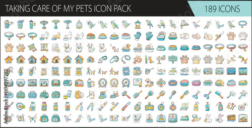 Pet care and animals vector icons collection - Set of 189 colorful vector icons about pet care, including food, toys, grooming, accessories, habitats, health, and veterinary elements.