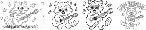 Four cartoon raccoons playing acoustic guitars and musical notes animal