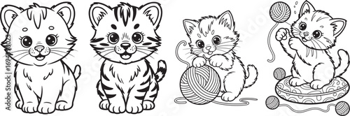 Four cartoon kittens playing with balls of yarn in black and white animal cute