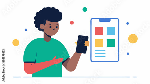 Color Blind Friendly App A user interacting with a smartphone displaying an app interface designed with colorblindfriendly colors. Icons have clear labels and shapes.