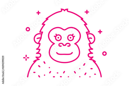 Pink outline drawing shows a smiling cartoon orangutan surrounded by whimsical elements