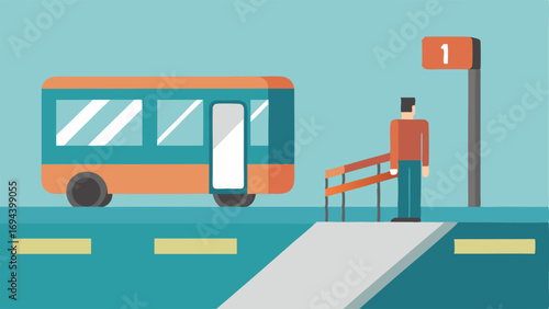 Bus Stop An individual waiting for public transportation at a bus stop designed with a ramp and clear signage with a bus approaching in the background.