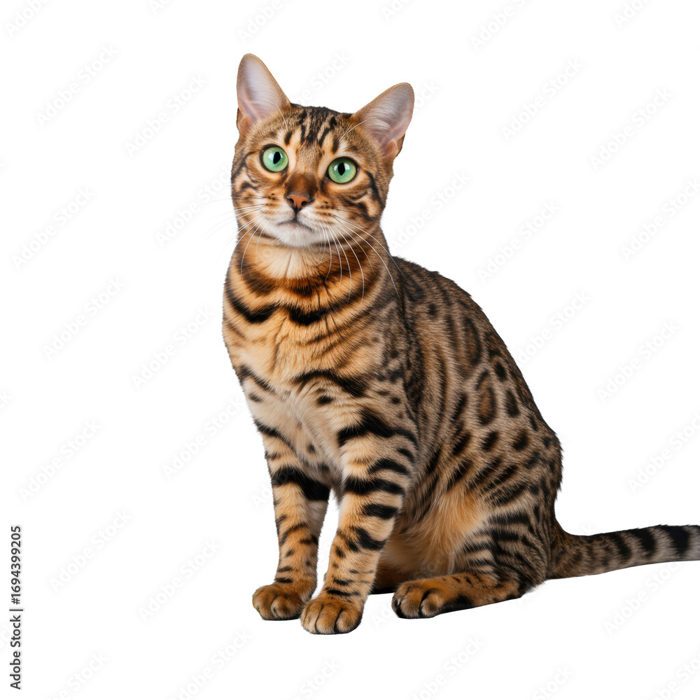 Obraz premium Adult purebred Bengal cat with rosetted tabby coat, emerald eyes, graceful pose, direct eye contact, catnip on clean transparent studio background. Concept for pet product advertising