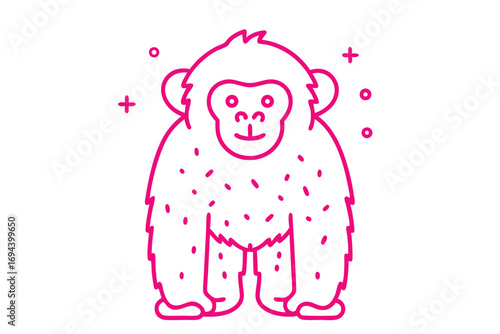 Pink outline of a chimpanzee stands against the white backdrop with playful shapes surrounding