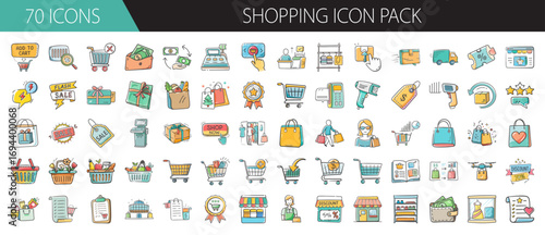 Colorful shopping icon pack with retail symbols - Set of 70 colorful vector icons themed around shopping, featuring carts, bags, stores, payments, discounts, delivery, and customer purchases.
