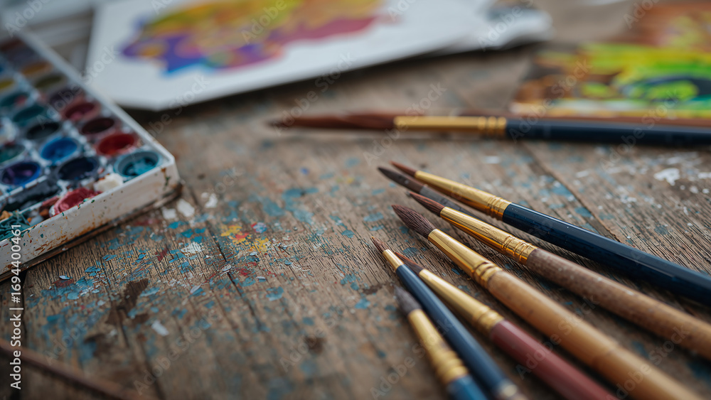 Fototapeta premium Essential brushes and watercolors on artist's workspace