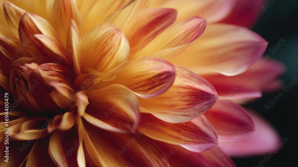 Close-up of a flower, specifically a dahlia. the petals of the flower are a mix of yellow and pink, with the yellow petals being slightly darker than the pink petals. Close-up of a flower, specifically a dahlia. the petals of the flower are a mix of yellow and pink, with the yellow petals being slightly darker than the pink petals.