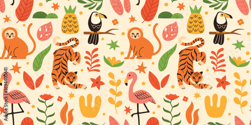 Seamless pattern with exotic tropical elements. Monkey, tiger, flamingo, parrot, tropical leaves and flowers. Flat vector illustration.