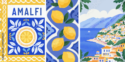 Vibrant amalfi coast triptych featuring lemons and mediterranean village scenery