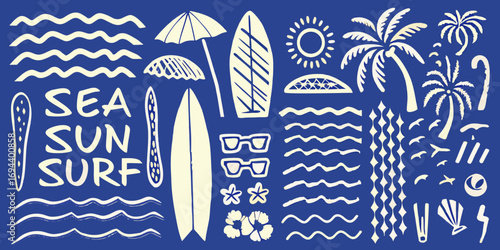 Summer beach vacation elements including surfboards palm trees sun waves and sunglasses