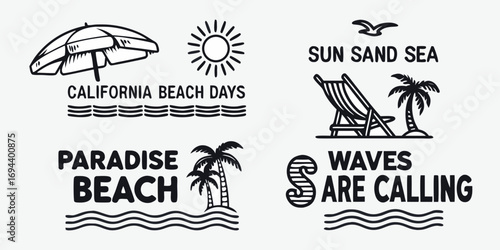 Collection of stylized beach icons and phrases for summer vacation and california dreaming
