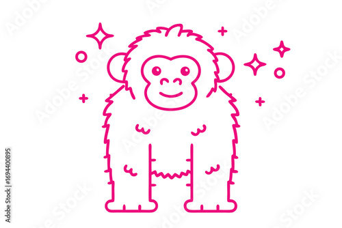 Pink outlined ape standing amidst sparkling decorations presents a simplistic and vibrant aesthetic