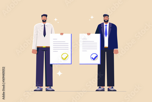 Two businessmen holding approved documents with checkmarks and sparkling stars symbolizing success and agreement