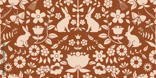 Charming folk art style seamless pattern with stylized rabbits and flowers in earthy tones