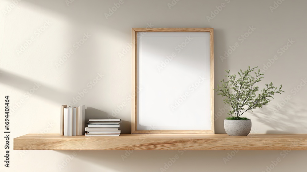 Fototapeta premium Clean and Sleek: Minimalist Shelf with Book Stack and Leaning White Frame.