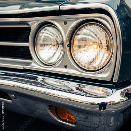 Classic Automobile Headlight Detail A Close-Up View of Vintage Car's Chrome and Lights