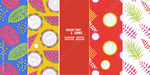 Vibrant summer fruit designs featuring dragon fruit and tropical leaves