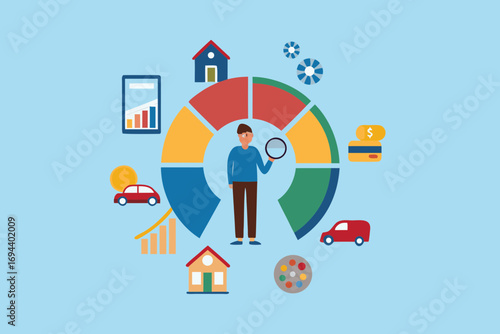 Man with magnifying glass analyzing pie chart with financial icons and assets