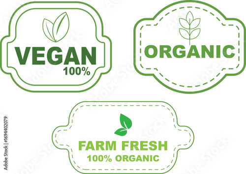 Three minimalist green emblems celebrate vegan, organic, and fresh farm products on a white background