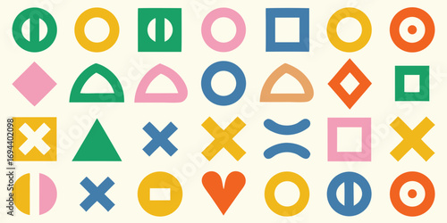 Vibrant abstract geometric shapes pattern with circles squares triangles and hearts in a playful design