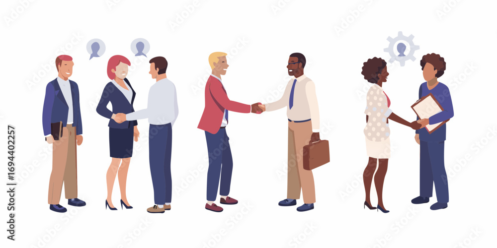 Fototapeta premium Diverse business professionals shaking hands in agreement and collaboration with speech bubbles and gear icons