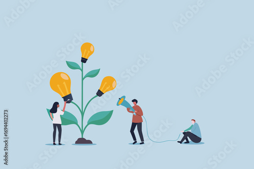 Teamwork cultivating ideas and innovation growing light bulbs on a plant with people nurturing them
