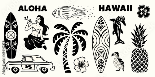 Collection of hawaiian icons including aloha and hawaii text surfboards hula dancer palm tree pineapple and tropical animals
