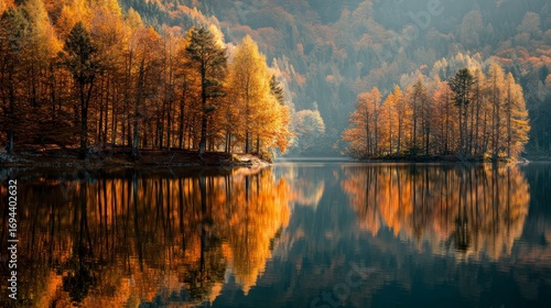 Peaceful lake surrounded by autumn trees