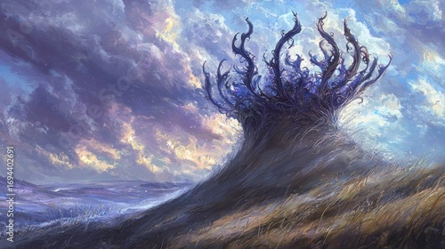 Dark Twisted Tree on a Hilltop Under a Dramatic Sky.