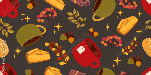 Flat seamless vector with pumpkin pie, rowan berries, bun and hot drinks on dark background. Ideal for textile, wrapping paper and banners.