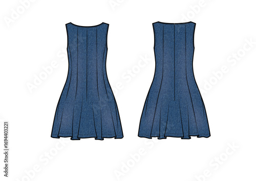 Women Denim Pleated Voluminous Hem Mini Dress with Wash Effect, Front & Back view, fashion flat sketch, Editable Flat Technical Drawings Illustration, Dress Mockup, dress CAD