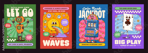 Game groovy hippie characters posters. Vector vibrant and whimsical set of retro prints with cheerful robot, card, slot machine and rainbow spewing emoji characters, promote positivity and kindness