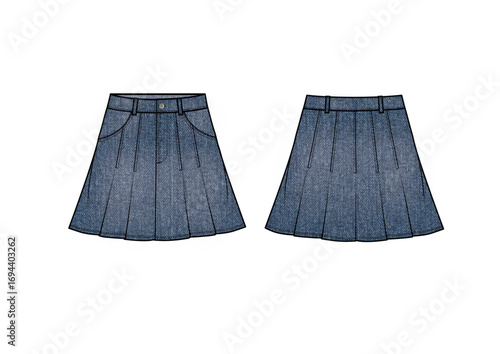 Women Fashion Denim Pleated A-Line Mini Skirt With Wash Effect, Front & Back view, fashion flat sketch, Editable Flat Technical Drawings Illustration,Skirt Mockup, skirt CAD
