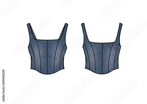 Women Editable Fashion Denim Corset Square Neck Cropped Top with Wash Effect, Front & Back view, fashion flat sketch, Editable Flat Technical Drawings Illustration, Top Mock up CAD